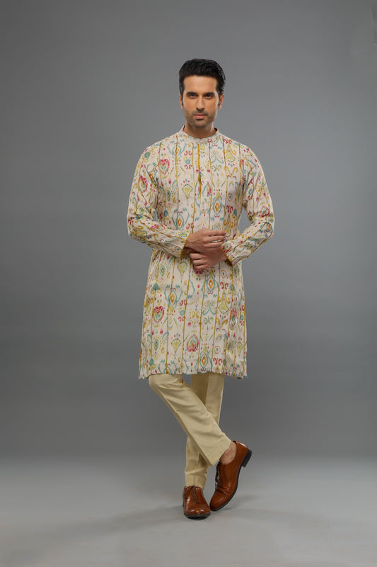 Cream Muslin Panelled Ikat Design Kurta With Pant