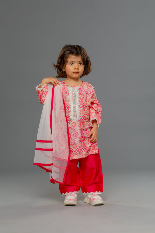 Pink & White Tie & Dye Printed Kurta with Pink Pant & Off White Dupatta