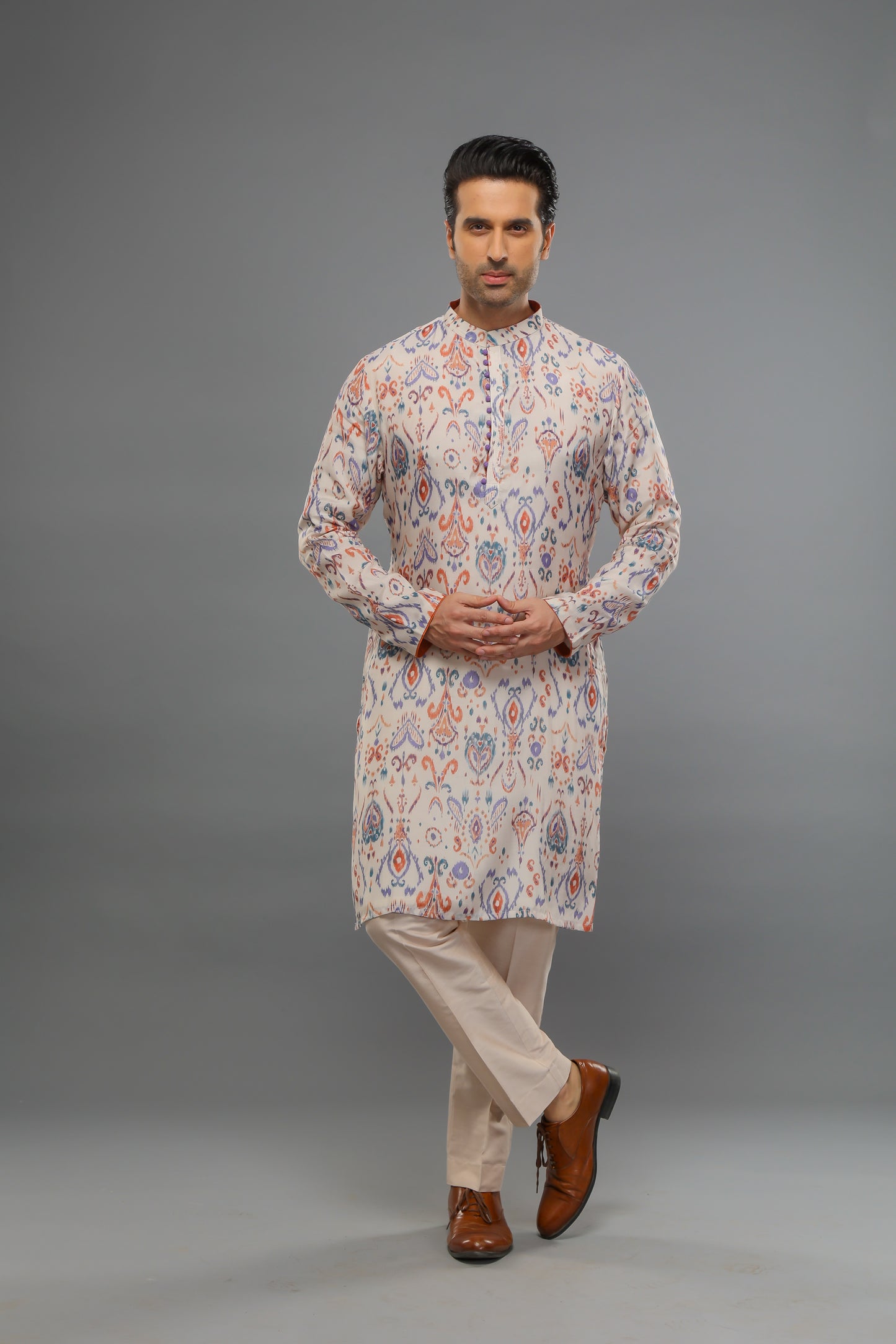 Cream Muslin Ikat Design Kurta With Pant