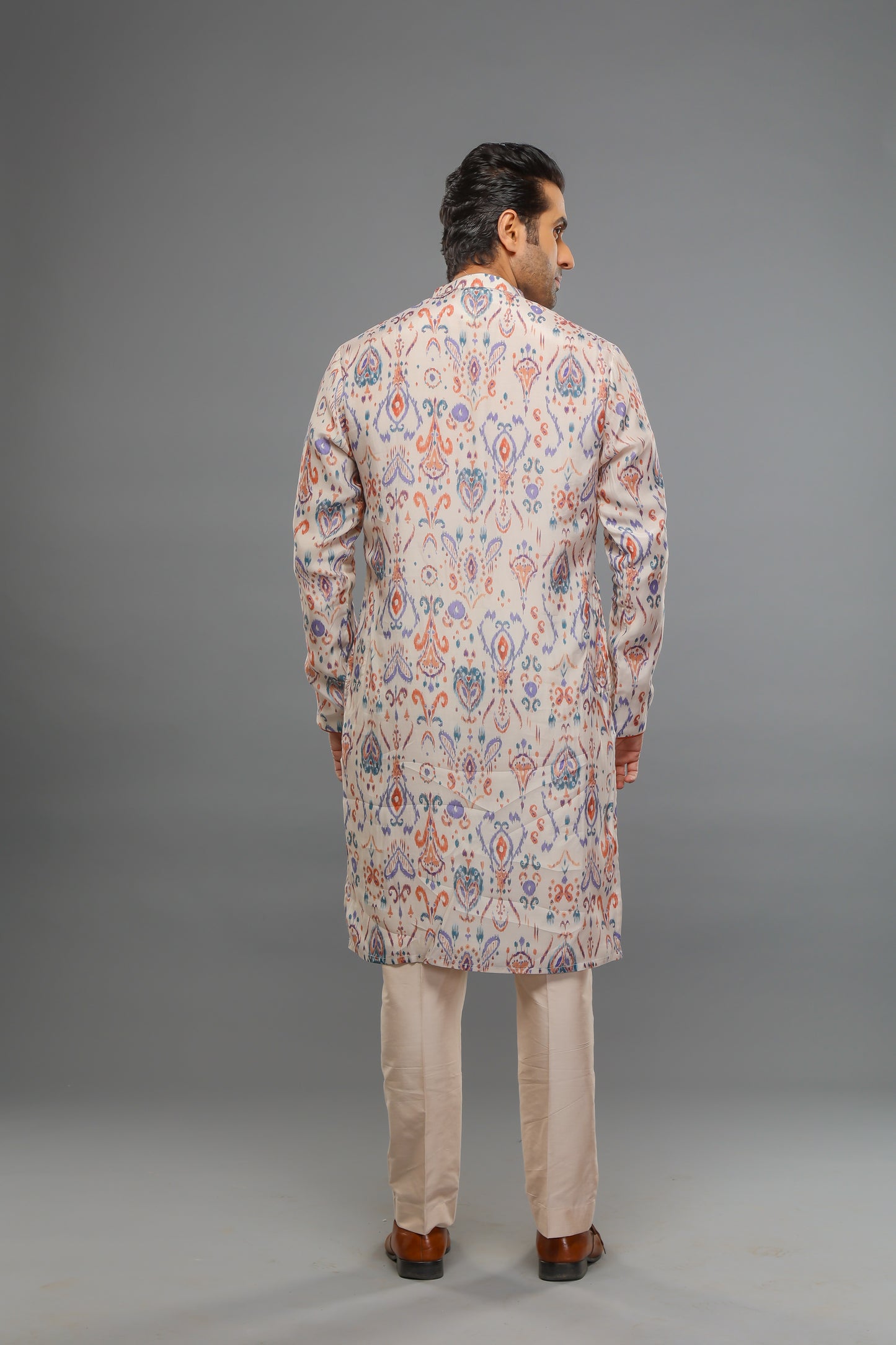 Cream Muslin Ikat Design Kurta With Pant