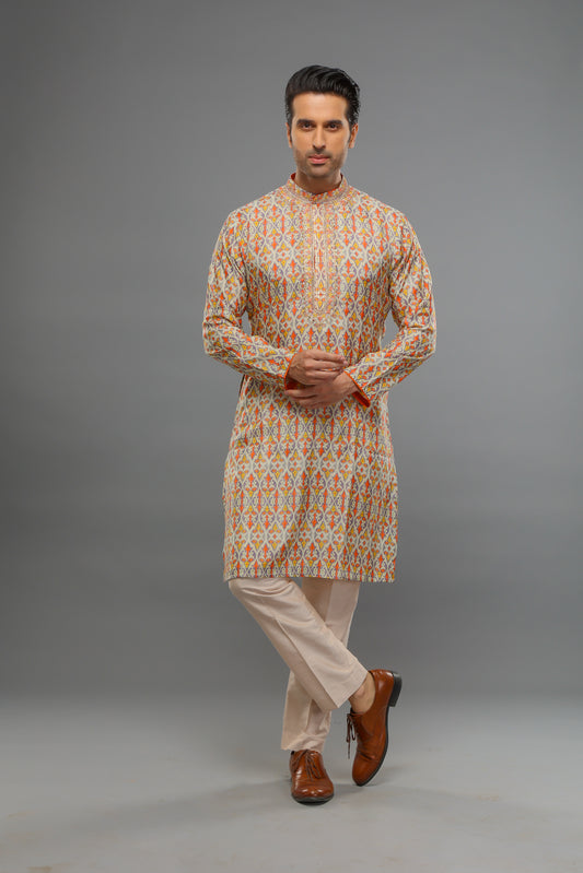 Beige Abstract Pattern Kurta And Pant Set