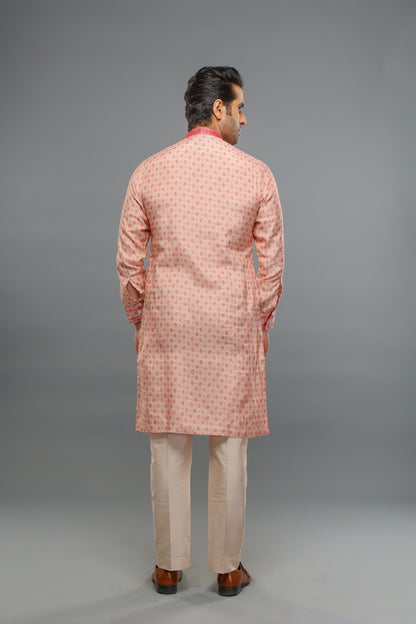 Peach Muslin Placement Thread Work Kurta With Pant