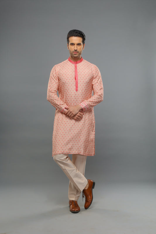 Peach Muslin Placement Thread Work Kurta With Pant