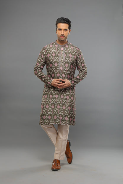 Grey Muslin Ikat Pattern Kurta With Pant