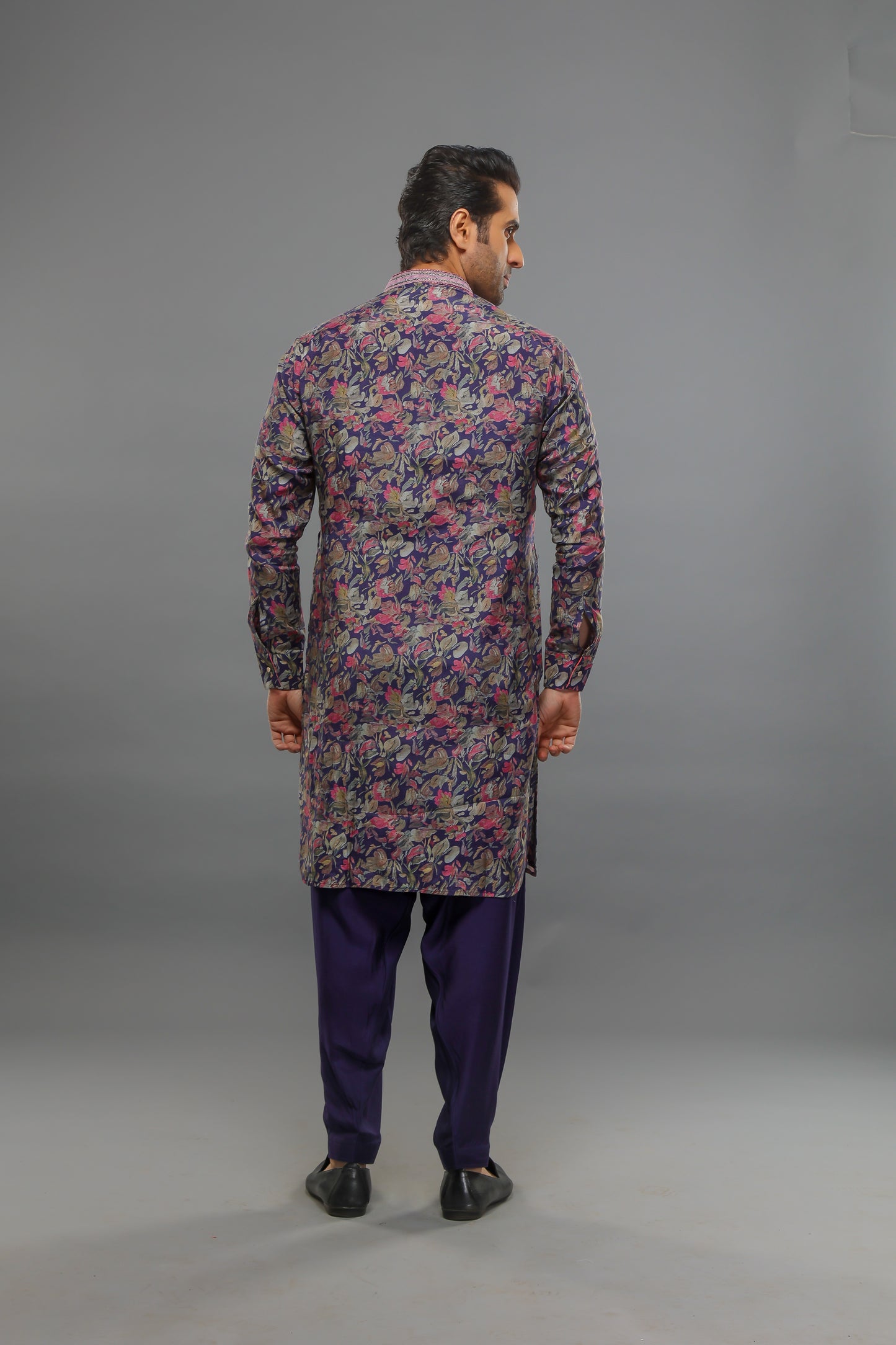 Purple Floral Print Kurta Set With Bundi