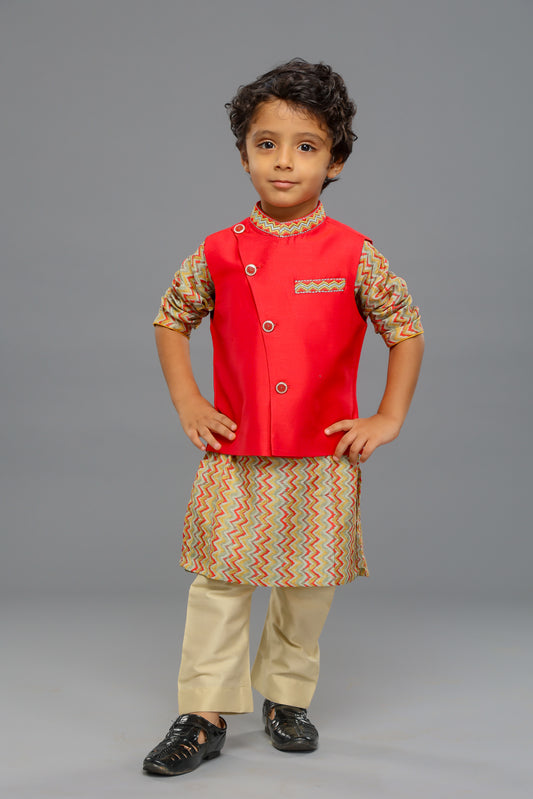 Red & Green Zig Zag Printed Kurta with Red Bandi & Beige Pant