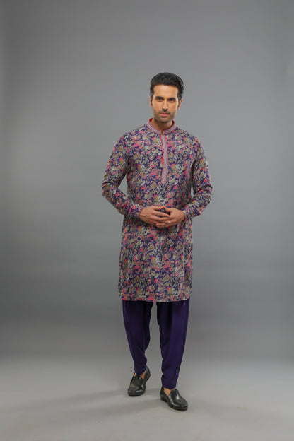 Purple Floral Print Kurta Set With Bundi