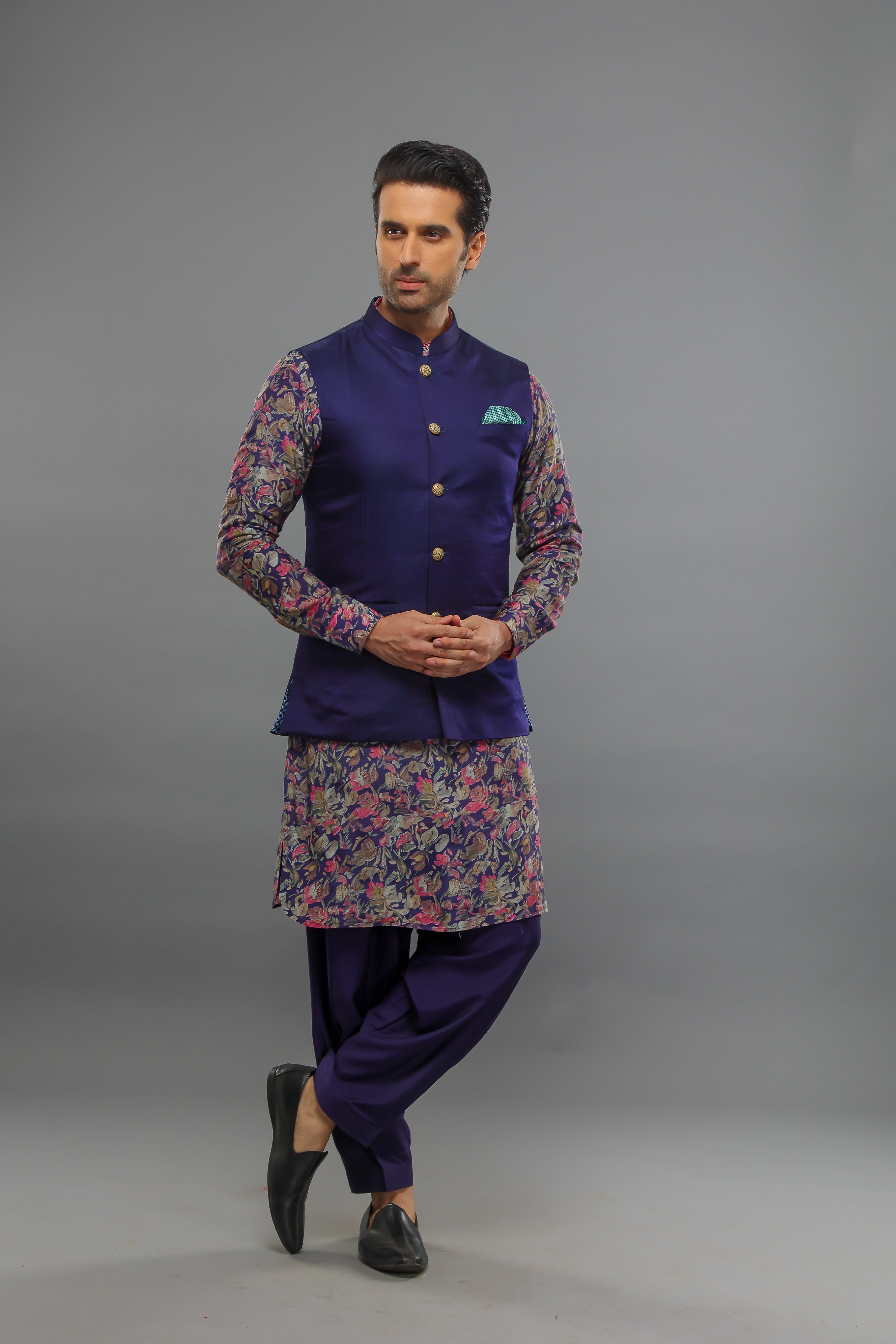 Purple Floral Print Kurta Set With Bundi