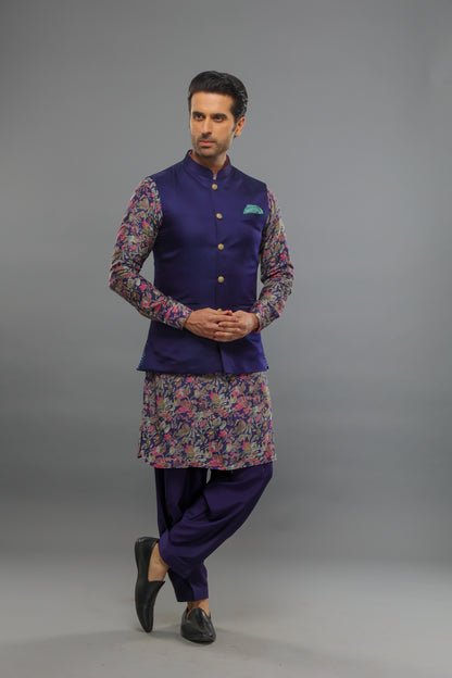 Purple Floral Print Kurta Set With Bundi