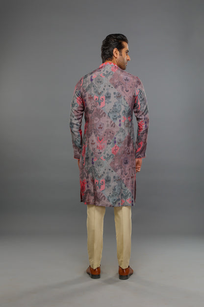 Grey Muslin Ikat And Dori Work Kurta With Pant