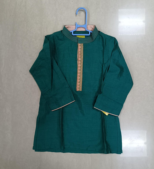 Peacock Green Spun Kurta with Peach Lace